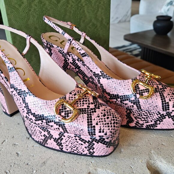 Gucci Pink & Black Python Print Heels - Picture 2 of 10